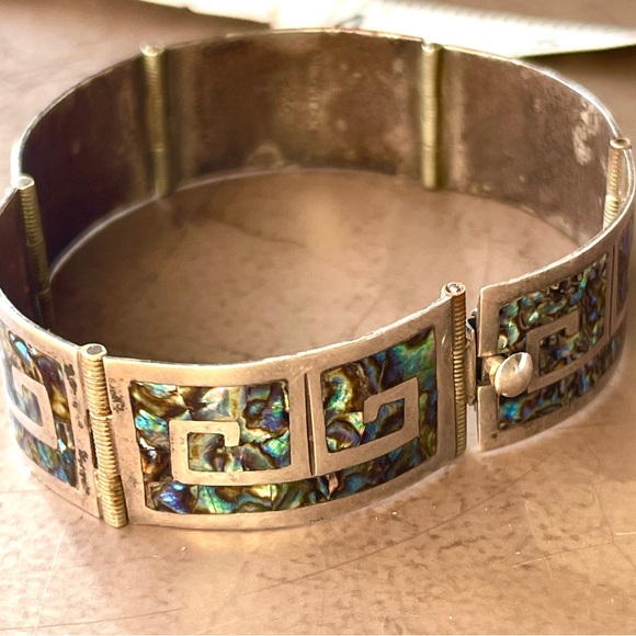 Vintage Sterling Silver Mexican Abalone Station Bracelet Greek Key Design - Picture 5 of 11